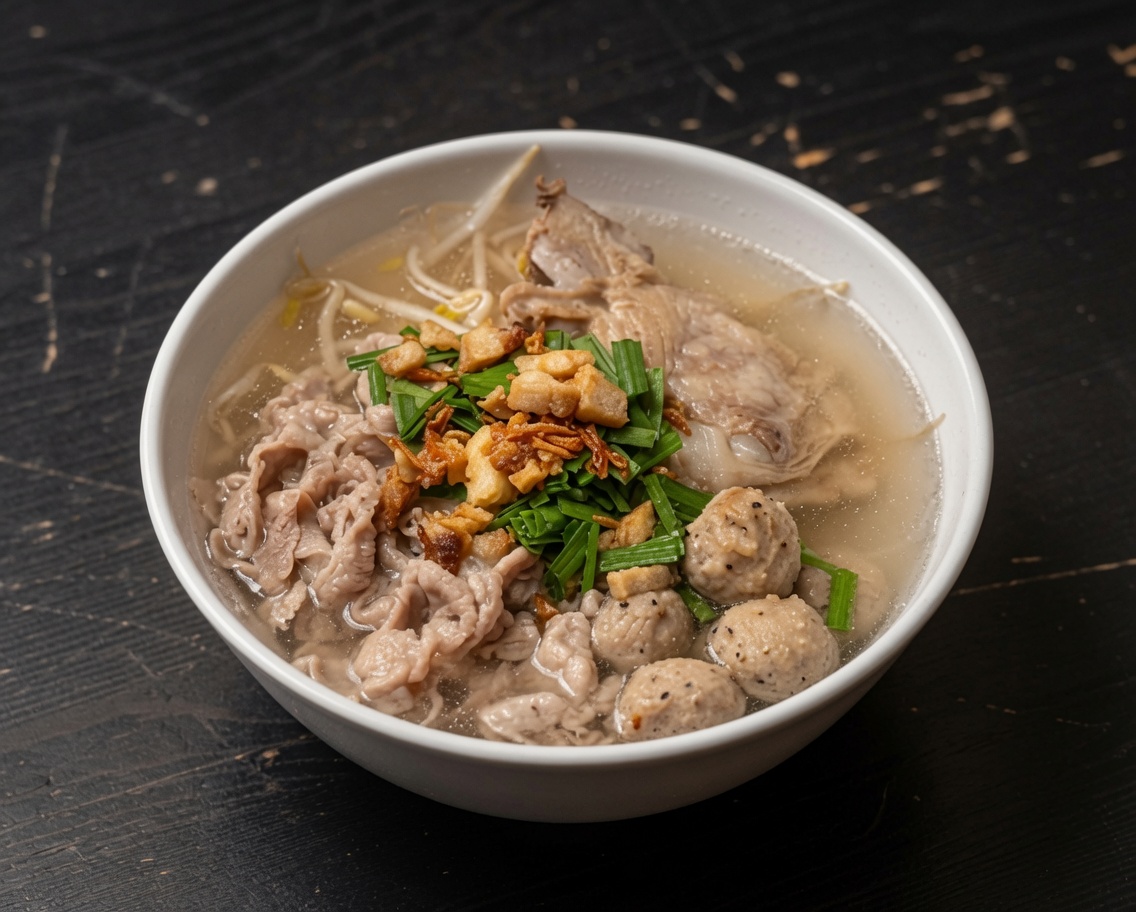 Steaming bowl of hủ tiếu with pork, prawns and quail eggs